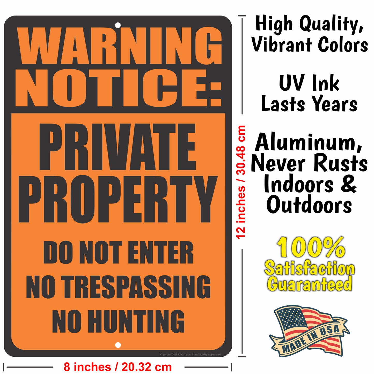 Property Warning Signs - Warning Notice: PRIVATE PROPERTY Do Not Enter, No Trespassing, No Hunting - Metal Warning Sign 8 x 12
