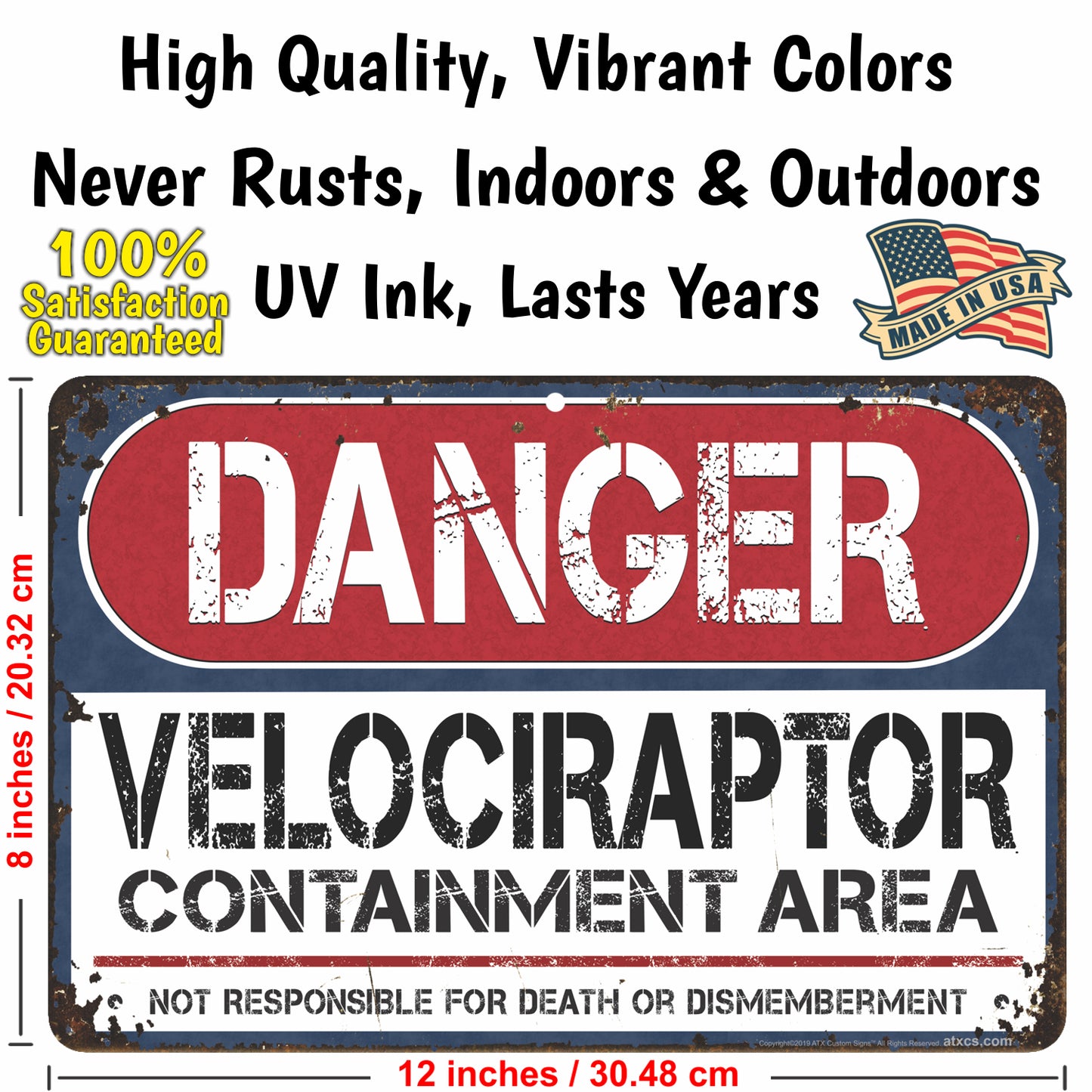 Funny Signs for Kids Rooms Danger Velociraptor Containment Area, Not Responsible for Death or Dismemberment.- Size 8 x 12