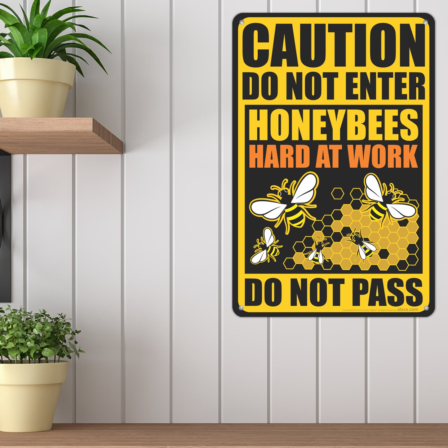 Honeybee Warning Sign - All Weather Caution Sign Metal Sign for Property, Do Not Enter, Honey Bees Hard At Work - Size 8 x 12