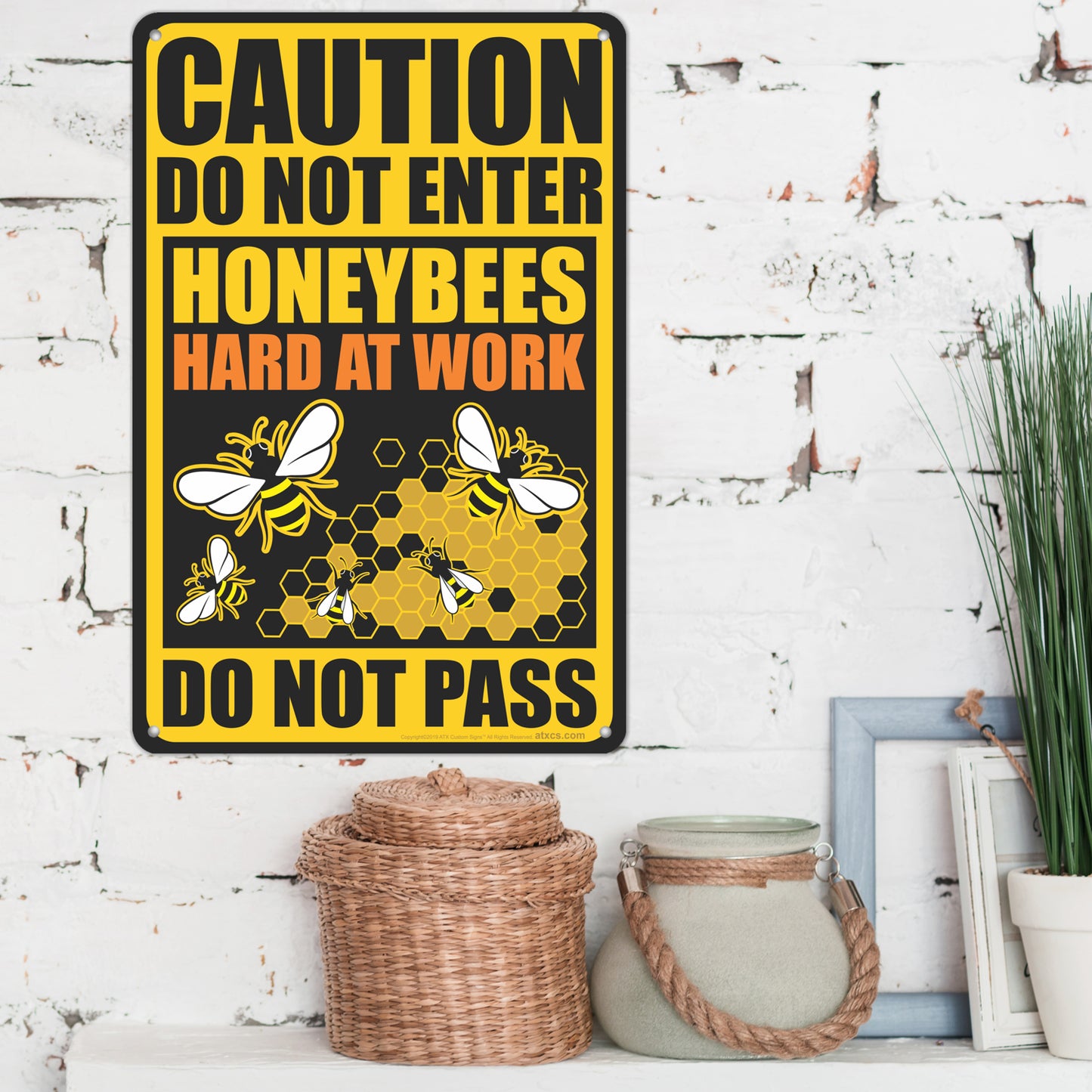 Honeybee Warning Sign - All Weather Caution Sign Metal Sign for Property, Do Not Enter, Honey Bees Hard At Work - Size 8 x 12