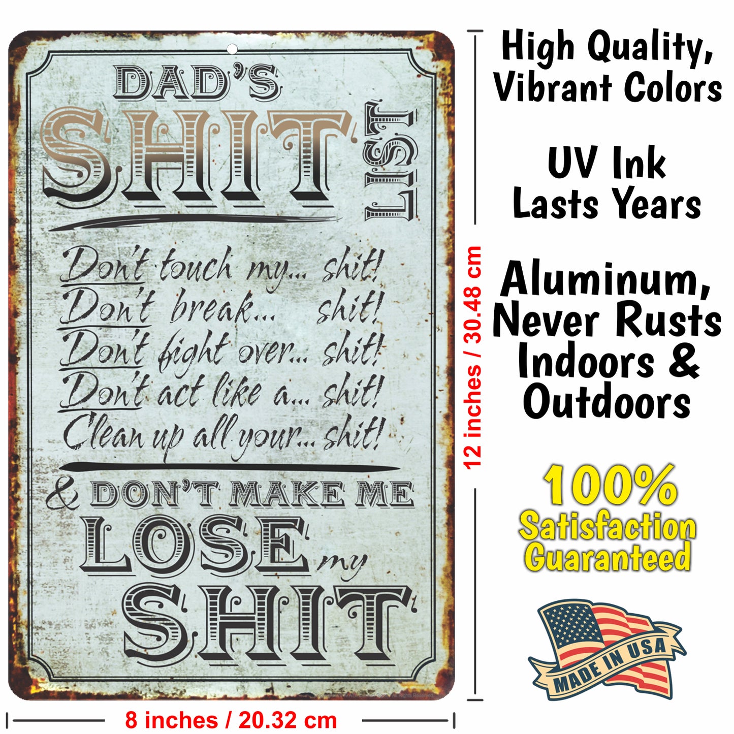 Funny Sign for Dads Garage, Dad's Shit List! - Size 8 x 12