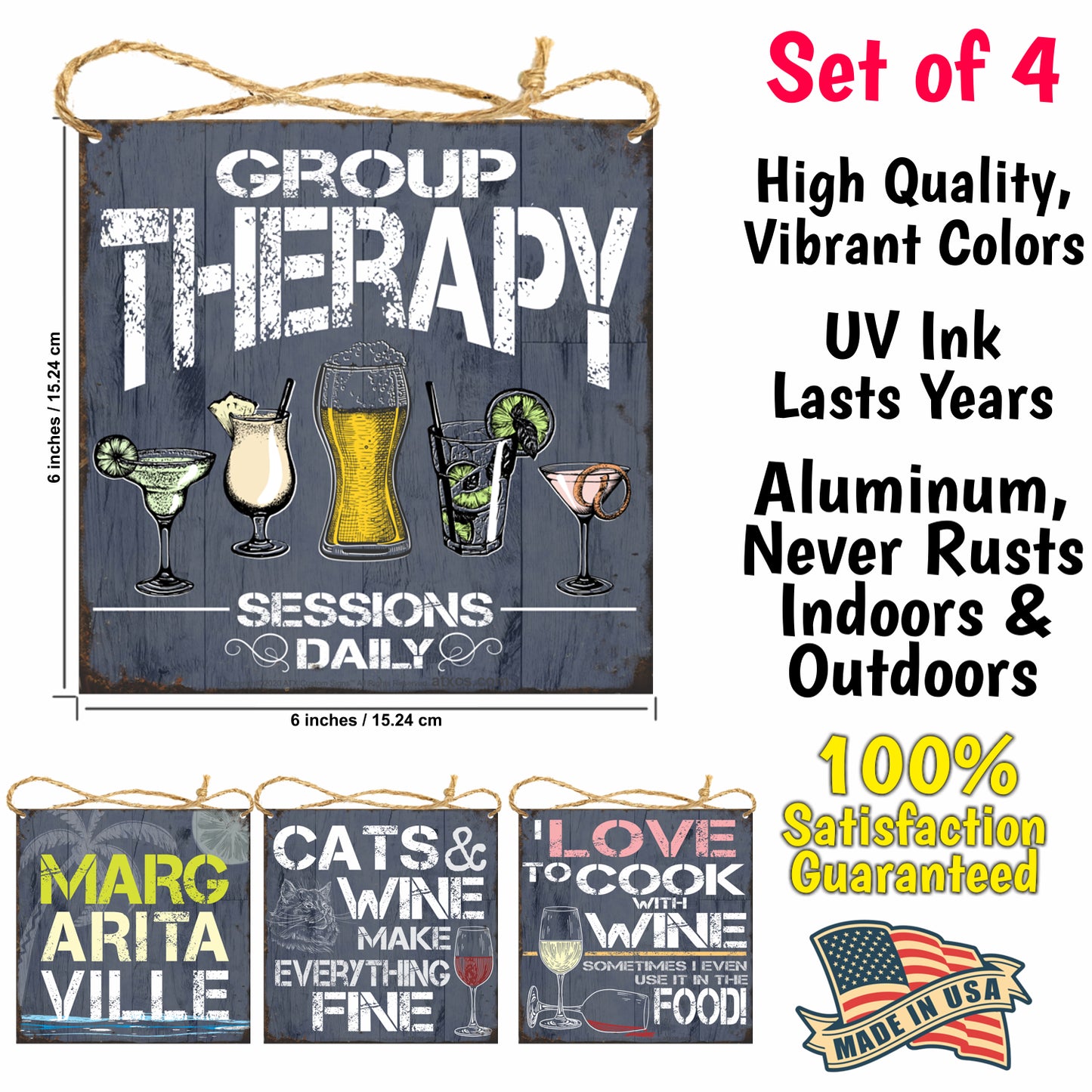 Pack of 4 Hanging Signs, Margaritaville Sign, Group Therapy Sessions Daily, I Love to Cook with Wine, Cats & Wine Make Everything Fine