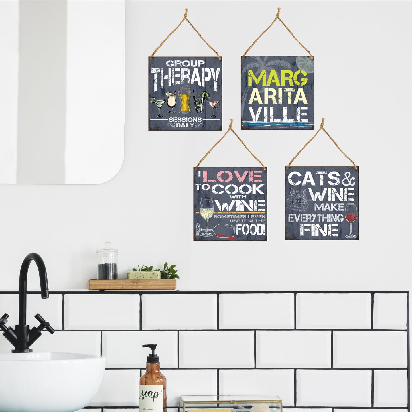 Pack of 4 Hanging Signs, Margaritaville Sign, Group Therapy Sessions Daily, I Love to Cook with Wine, Cats & Wine Make Everything Fine