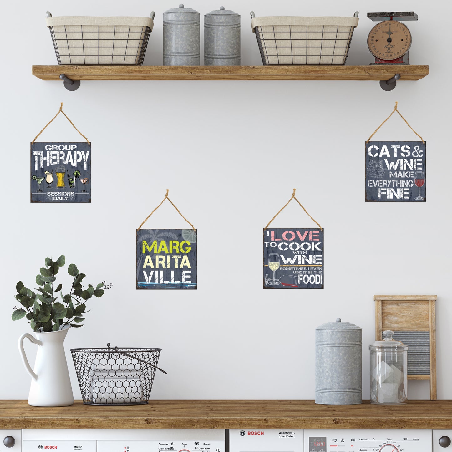 Pack of 4 Hanging Signs, Margaritaville Sign, Group Therapy Sessions Daily, I Love to Cook with Wine, Cats & Wine Make Everything Fine