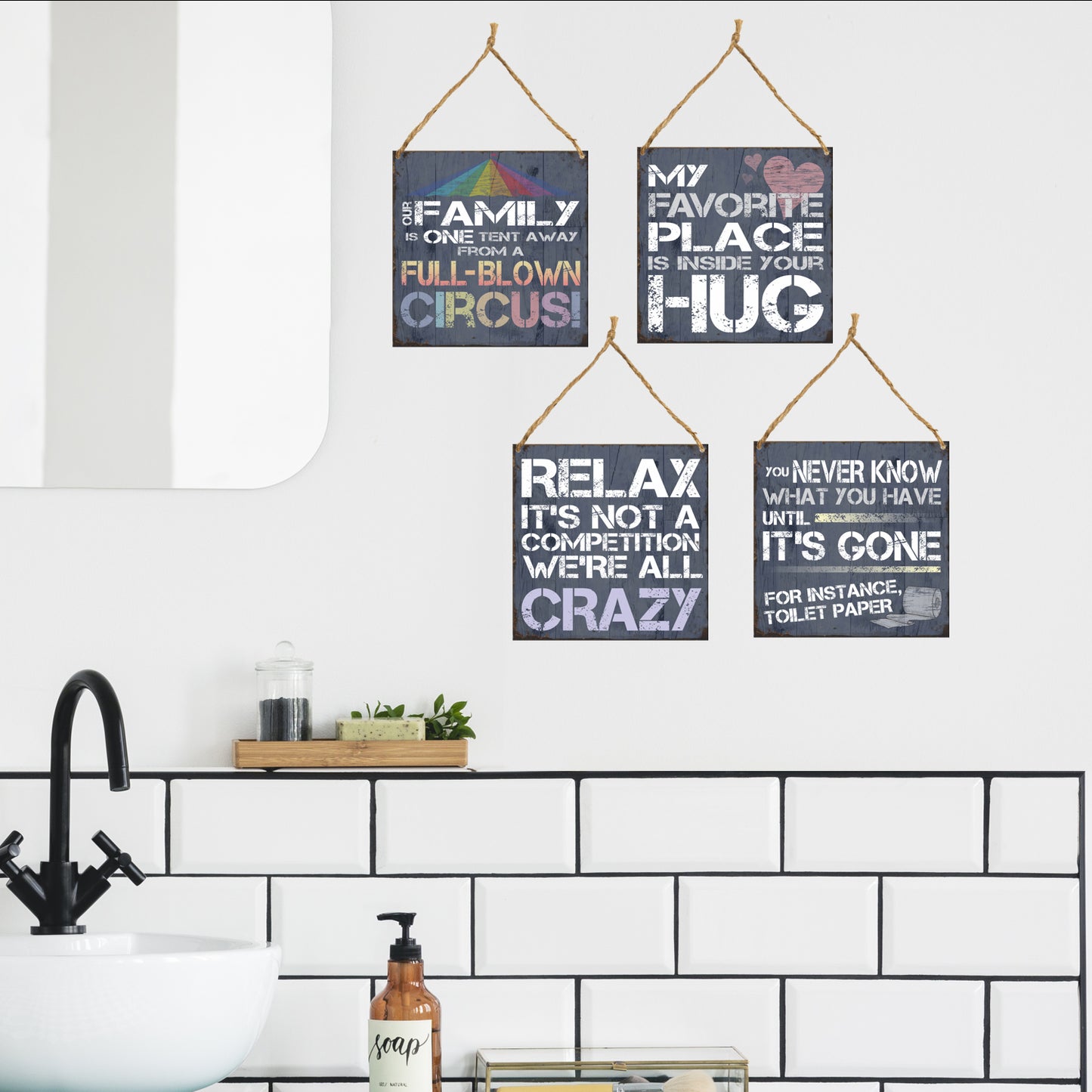 Pack of 4 Signs, Relax It's Not a Competition, Favorite Place is Inside Your Hug, Our Family is one Tent Away, You Never Know what you have