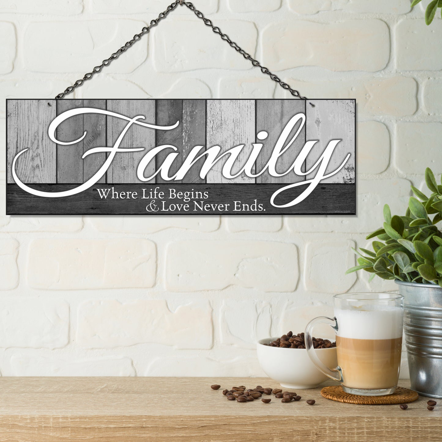 Double Sided Family Sign for Home Decor - Family Where Life Begins & Love Never Ends. Colors and Light and Dark Grays - Size 6 x 17.25