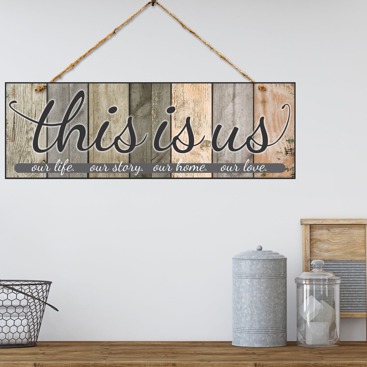 Double Sided Home Decor Sign - This is us. our life. our story. our home. our love. Colors and Light and Dark Grays - Size 6 x 17.25