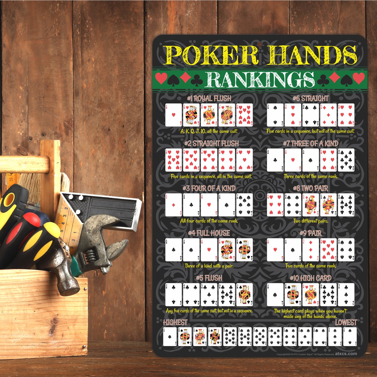 Poker Hands Rankings Sign, Royal Flush, Straight Flush, Four of a Kind, Full House, Flush, Straight, Three of a Kind & more - Size 12 X 17.5