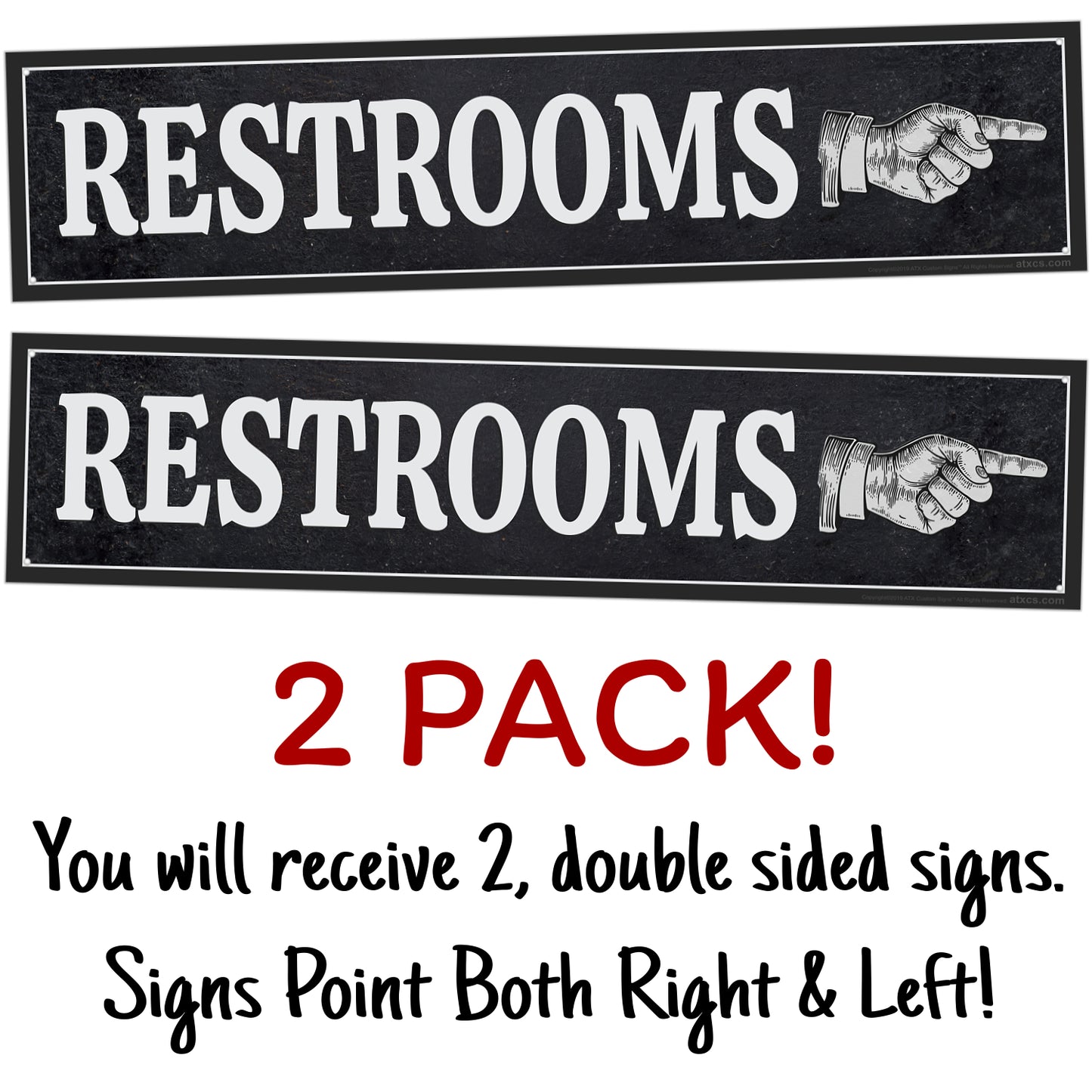 ATX CUSTOM SIGNS - Dark Rustic Restroom Hand Pointing Signs - Double Sided Left or Right Pointing 2 Signs Pack