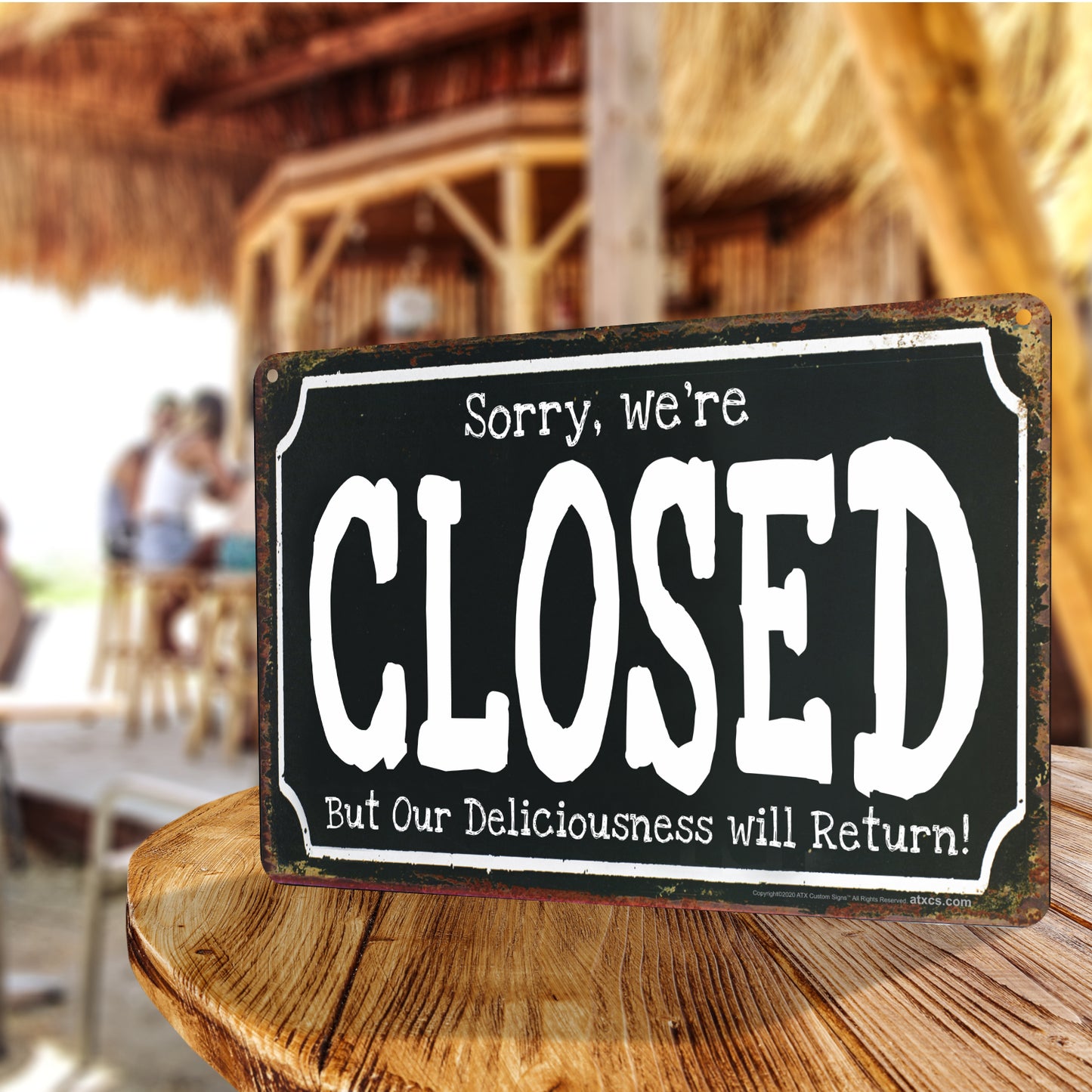 ATX CUSTOM SIGNS - Come on in, we're Open And Cooking Up Deliciousness! Sorry we're Closed But Our Deliciousness will Return! Double Sided Sign - Open Closed Black Rusted Metal Sign