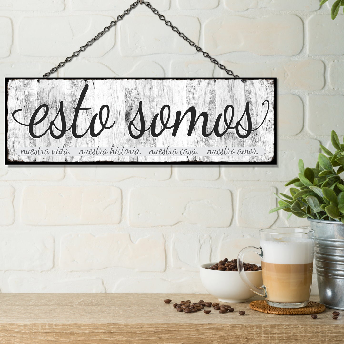ATX CUSTOM SIGNS - Double Sided Home Decor Sign in Spanish - Esto Somos. nuestra vida. nuestra historia. nuestra casa. nuestro amor. Colors and Light and Dark Grays