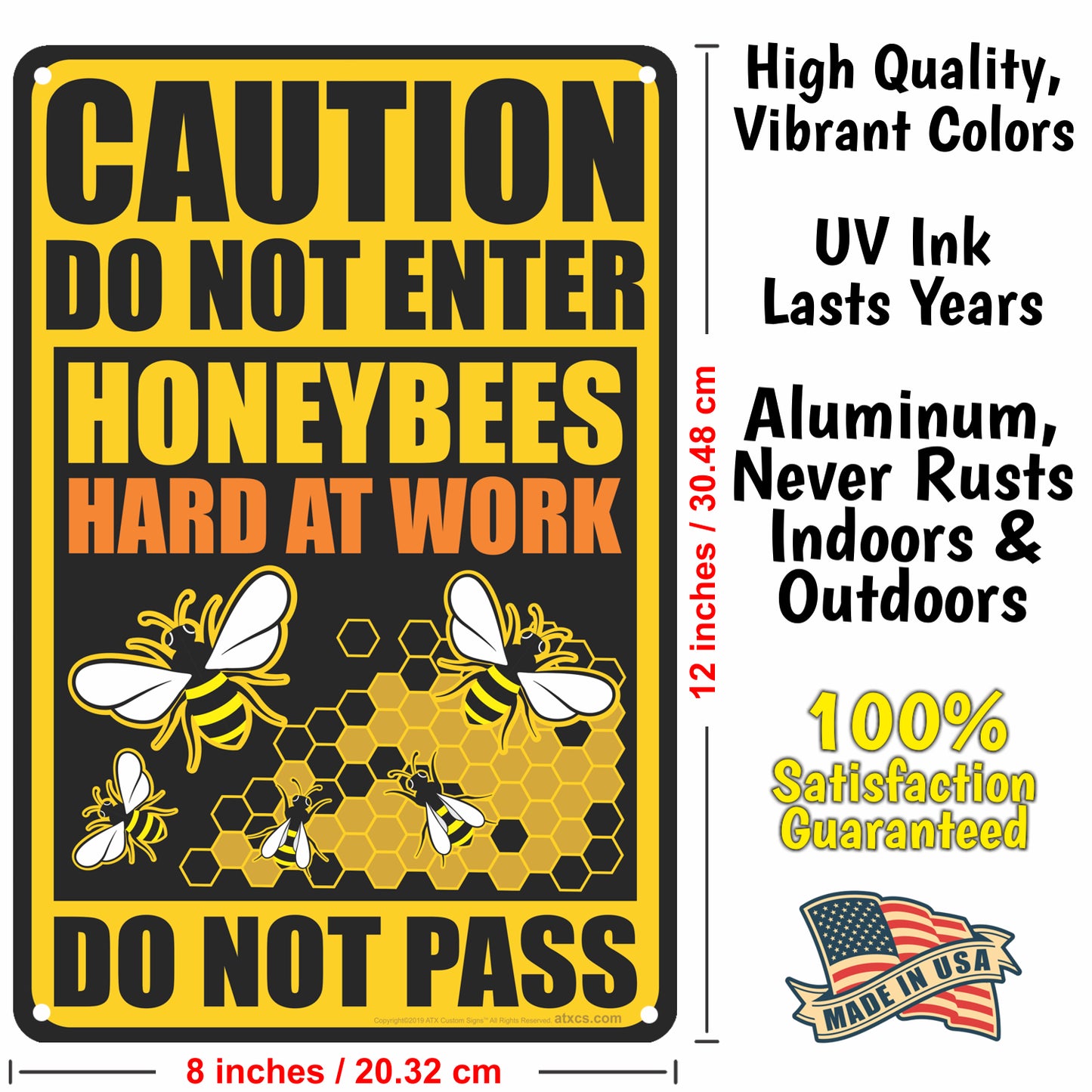 Honeybee Warning Sign - All Weather Caution Sign Metal Sign for Property, Do Not Enter, Honey Bees Hard At Work - Size 8 x 12
