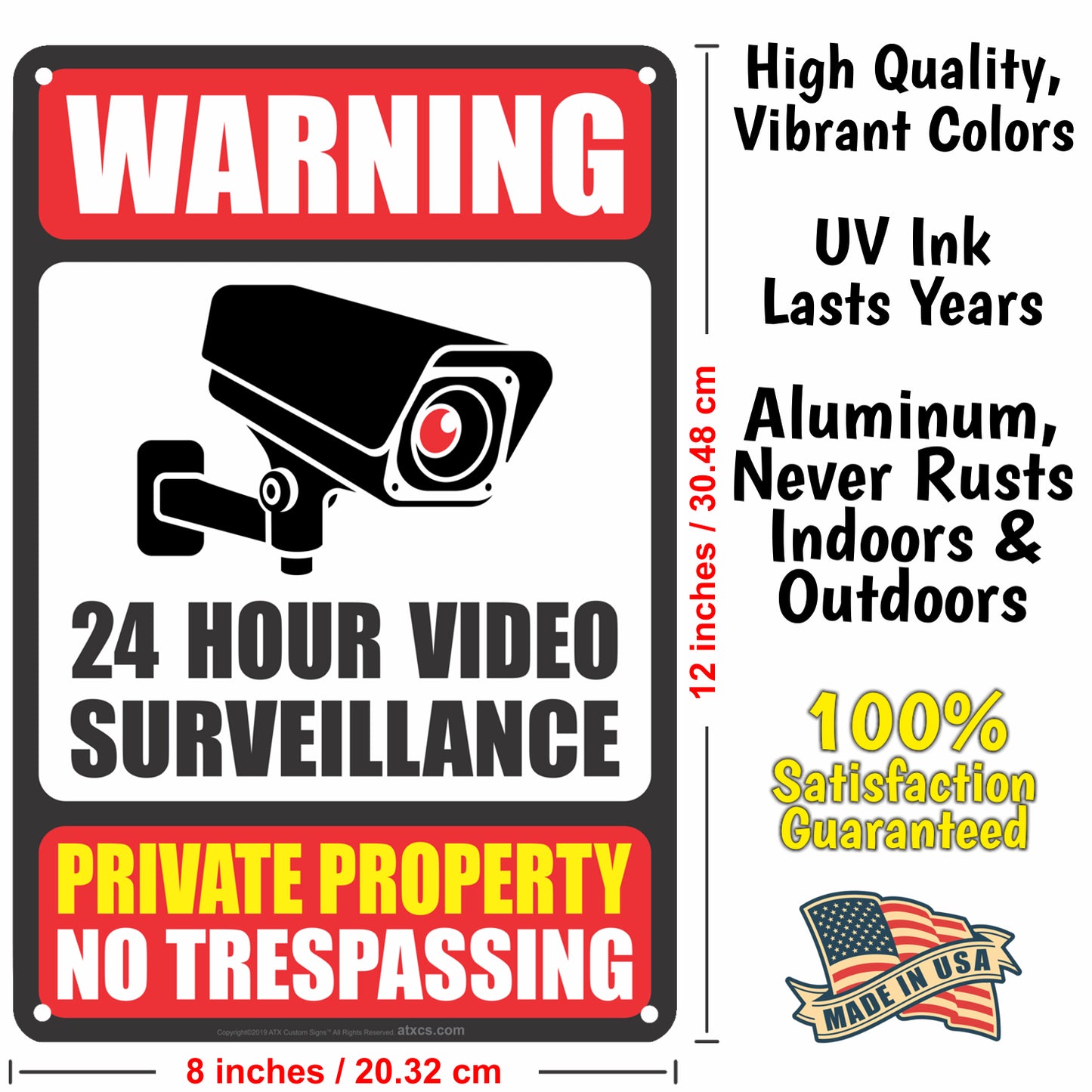 Warning 24 Hour Surveillance Sign Private Property No Trespassing Signs - Size 8 x 12