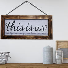 Load image into Gallery viewer, Handmade Rustic Farmhouse Decor Family Sign Double Sided - Soft Grays - This is us and Family Where Life Begins &amp; Love Never Ends
