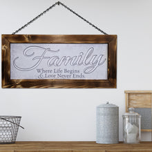 Load image into Gallery viewer, Handmade Rustic Farmhouse Decor Family Sign Double Sided - Soft Grays - This is us and Family Where Life Begins &amp; Love Never Ends
