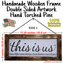 Load image into Gallery viewer, Handmade Rustic Farmhouse Decor Family Sign Double Sided - Soft Grays - This is us and Family Where Life Begins &amp; Love Never Ends
