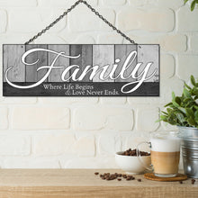 Load image into Gallery viewer, Double Sided Family Sign for Home Decor - Family Where Life Begins &amp; Love Never Ends. Colors and Light and Dark Grays - Size 6 x 17.25
