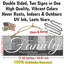 Load image into Gallery viewer, Double Sided Family Sign for Home Decor - Family Where Life Begins &amp; Love Never Ends. Colors and Light and Dark Grays - Size 6 x 17.25
