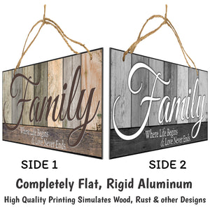 Double Sided Family Sign for Home Decor - Family Where Life Begins & Love Never Ends. Colors and Light and Dark Grays - Size 6 x 17.25