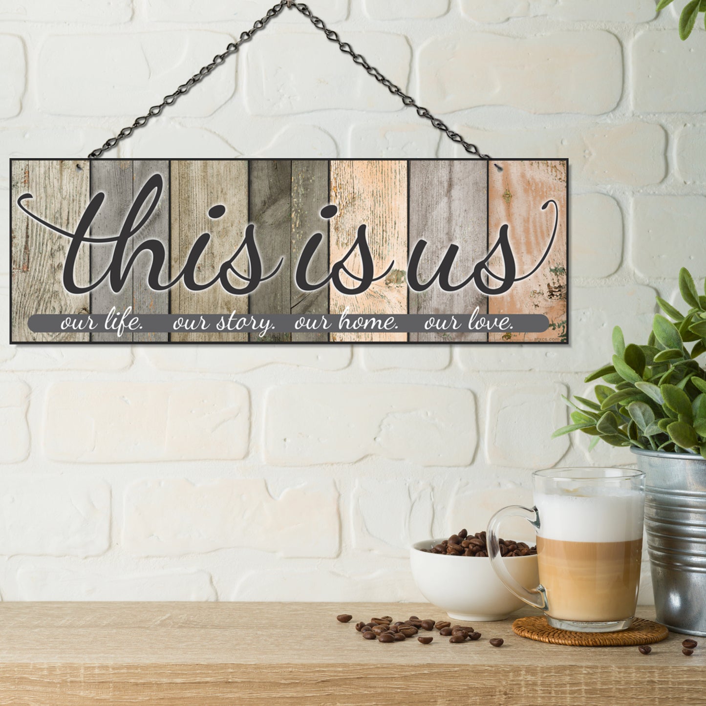Double Sided Home Decor Sign - This is us. our life. our story. our home. our love. Colors and Light and Dark Grays - Size 6 x 17.25
