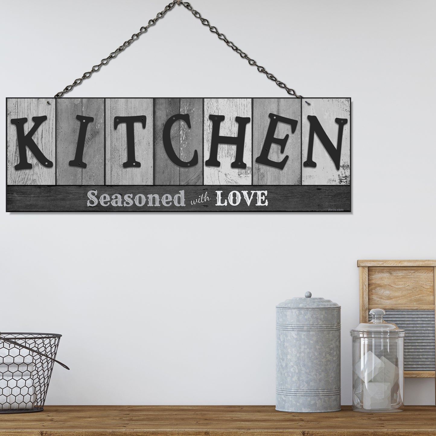 Double Sided Kitchen Sign for Home & Kitchen Decor - Kitchen Seasoned with Love. Colors and Light and Dark Grays - Size 6 x 17.25