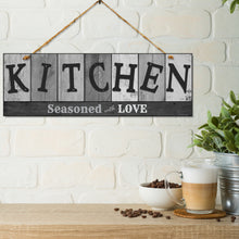 Load image into Gallery viewer, Double Sided Kitchen Sign for Home &amp; Kitchen Decor - Kitchen Seasoned with Love. Colors and Light and Dark Grays - Size 6 x 17.25
