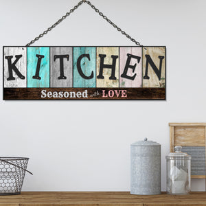 Double Sided Kitchen Sign for Home & Kitchen Decor - Kitchen Seasoned with Love. Colors and Light and Dark Grays - Size 6 x 17.25