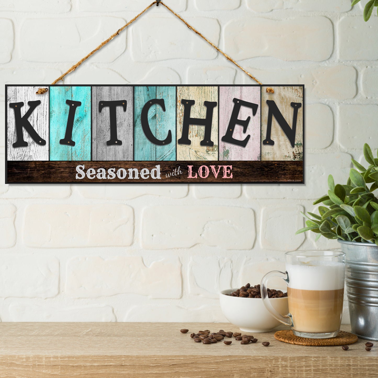 Double Sided Kitchen Sign for Home & Kitchen Decor - Kitchen Seasoned with Love. Colors and Light and Dark Grays - Size 6 x 17.25