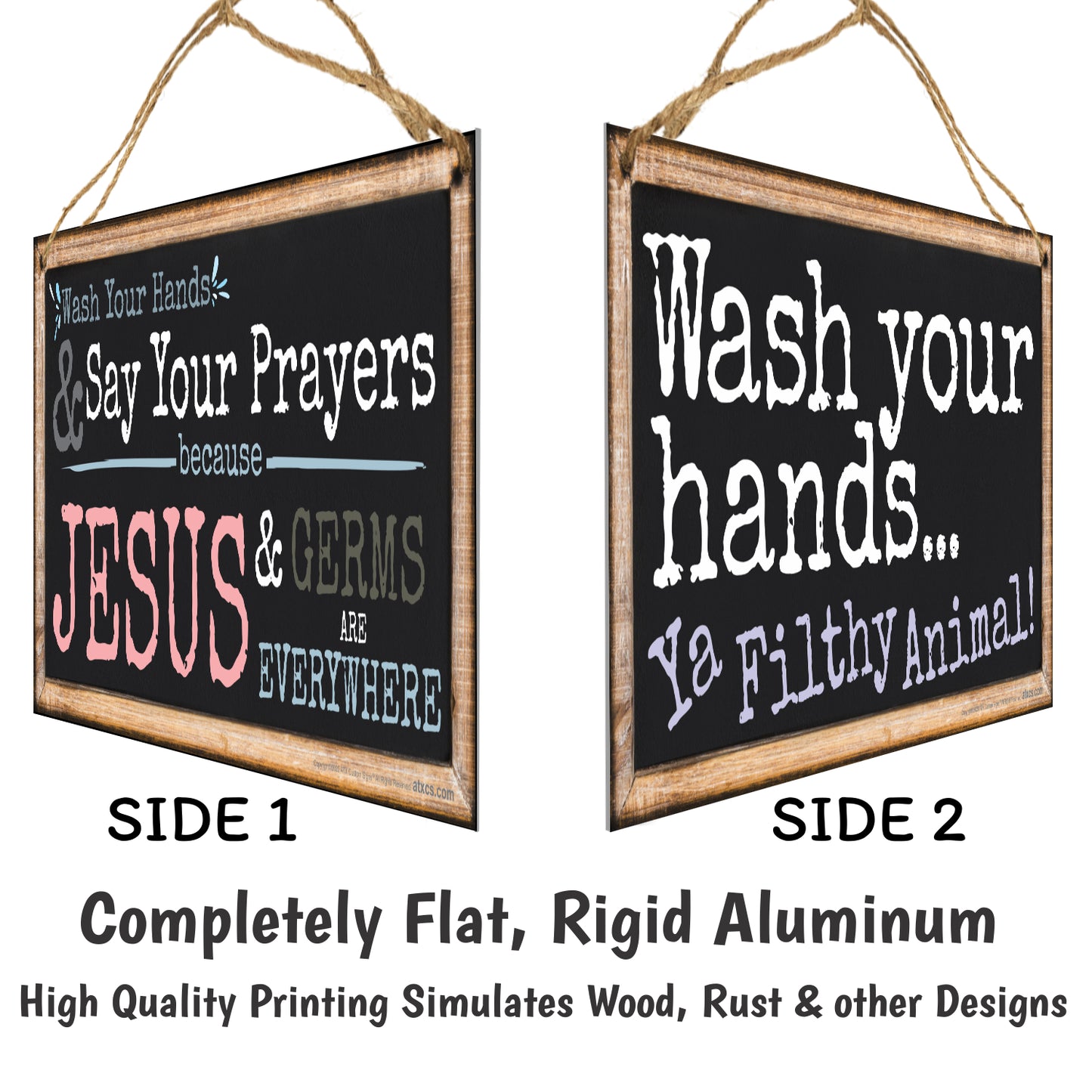 ATX CUSTOM SIGNS - Funny Double Sided Bathroom Sign - Wash Your Hands and Say Your Prayers because Jesus and Germs are Everywhere with Wash Your Hands... ya filthy animal!.