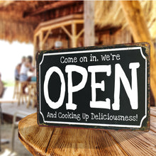 Load image into Gallery viewer, ATX CUSTOM SIGNS - Come on in, we&#39;re Open And Cooking Up Deliciousness! Sorry we&#39;re Closed But Our Deliciousness will Return! Double Sided Sign - Open Closed Black Rusted Metal Sign
