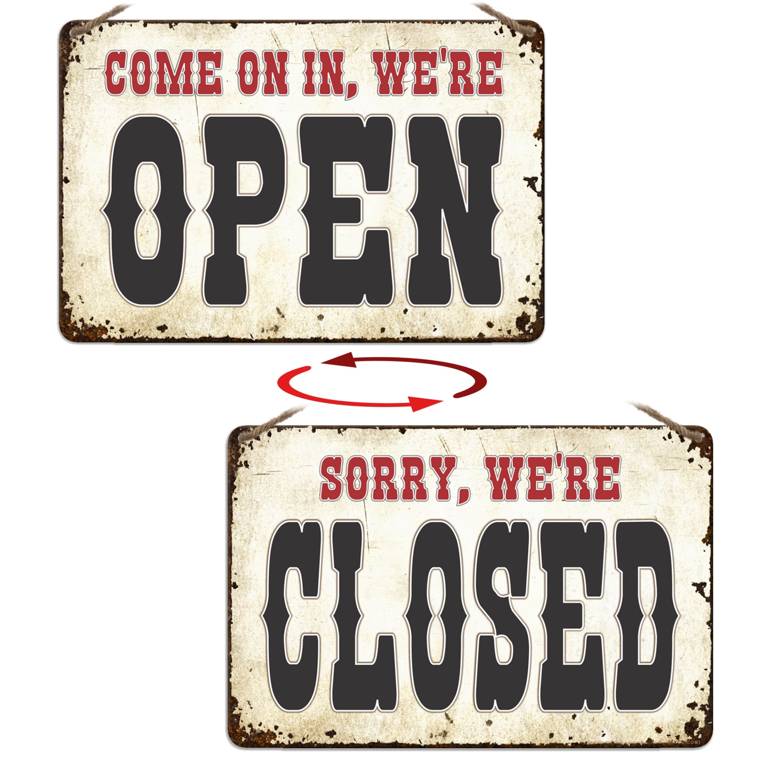 Open Closed Tan Rusted Metal Sign – ATX Custom Signs