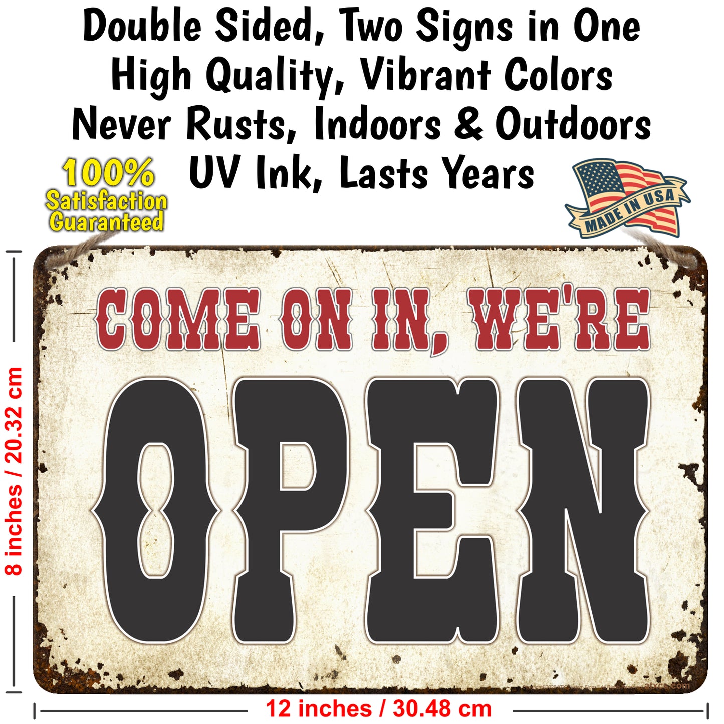 ATX CUSTOM SIGNS - Come on in, we're Open, Sorry we're Closed Double Sided Sign - Open Closed Tan Rusted Metal Sign