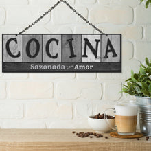 Load image into Gallery viewer, ATX CUSTOM SIGNS - Double Sided Kitchen Sign in Spanish for Home and Kitchen Decor - Cocina Sazonada con Amor. Colors and Light and Dark Grays
