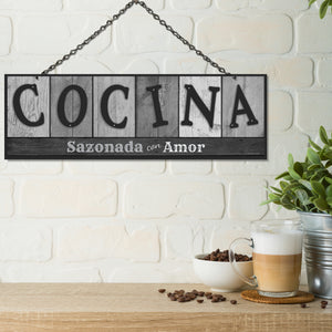 ATX CUSTOM SIGNS - Double Sided Kitchen Sign in Spanish for Home and Kitchen Decor - Cocina Sazonada con Amor. Colors and Light and Dark Grays