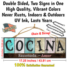 Load image into Gallery viewer, ATX CUSTOM SIGNS - Double Sided Kitchen Sign in Spanish for Home and Kitchen Decor - Cocina Sazonada con Amor. Colors and Light and Dark Grays

