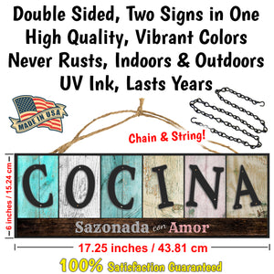 ATX CUSTOM SIGNS - Double Sided Kitchen Sign in Spanish for Home and Kitchen Decor - Cocina Sazonada con Amor. Colors and Light and Dark Grays