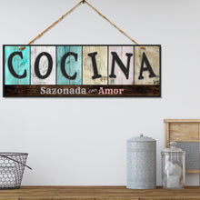 Load image into Gallery viewer, ATX CUSTOM SIGNS - Double Sided Kitchen Sign in Spanish for Home and Kitchen Decor - Cocina Sazonada con Amor. Colors and Light and Dark Grays
