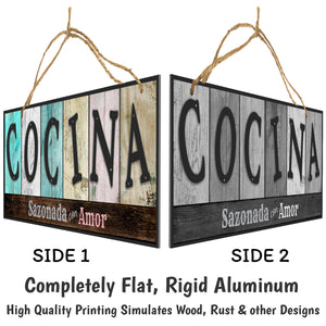 ATX CUSTOM SIGNS - Double Sided Kitchen Sign in Spanish for Home and Kitchen Decor - Cocina Sazonada con Amor. Colors and Light and Dark Grays