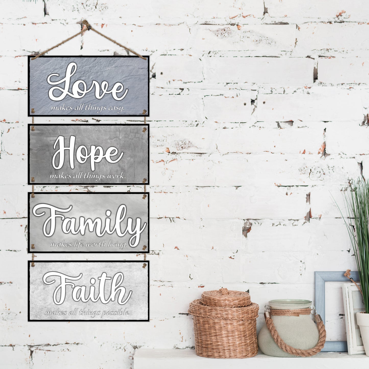 ATX CUSTOM SIGNS - Home Decor Signs. Faith, makes all things possible. Love, makes all things easy. Hope, makes all things work. Family, makes life worth living. Set of 4 Double Sided Color and Greys